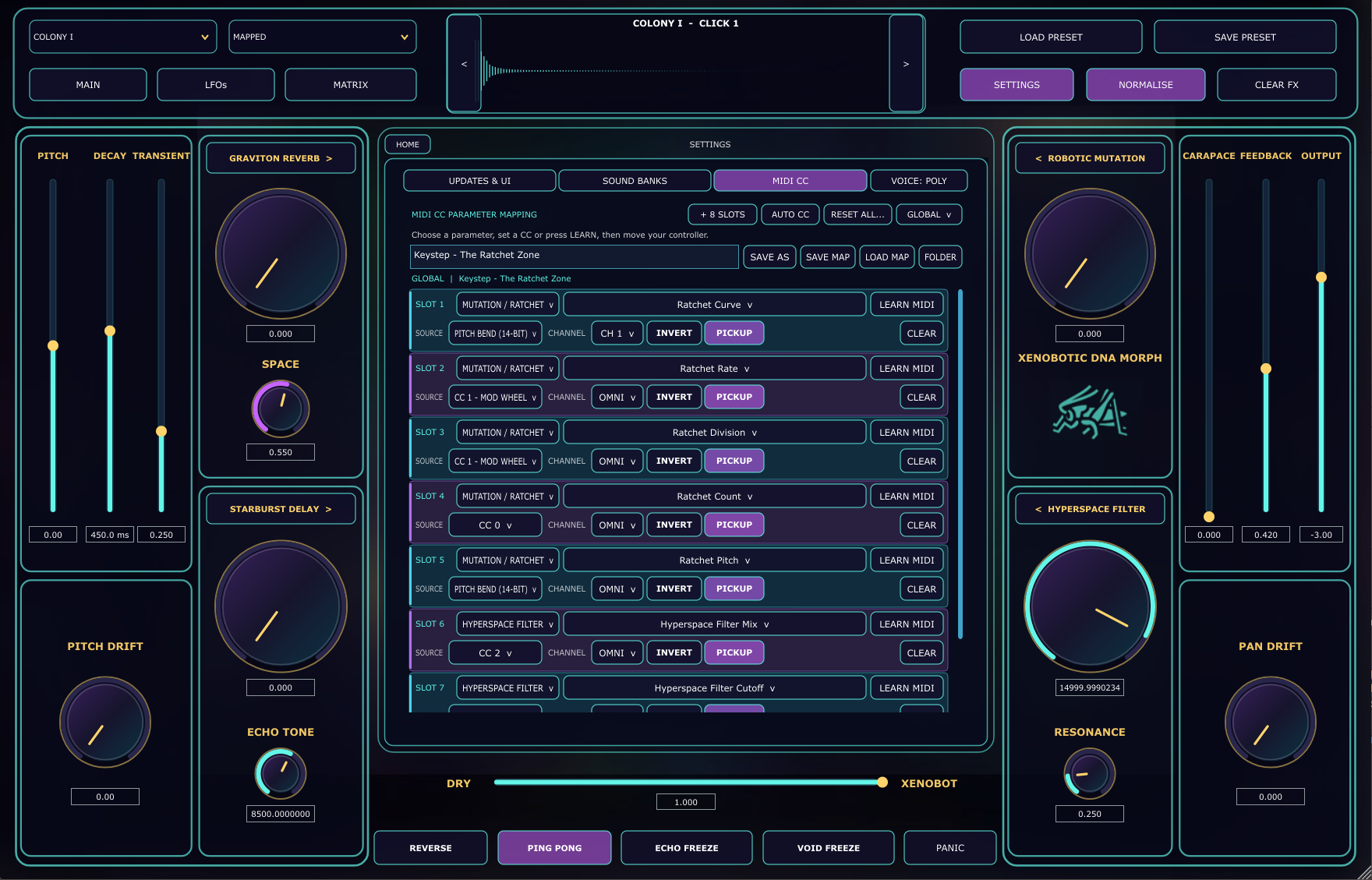 XenoCricket MIDI CC mapping page